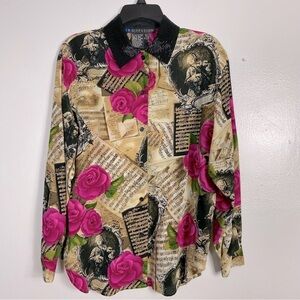 IB Diffusion silk floral symphony music sheet button down vintage shirt 1993